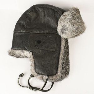 CROWNCAP Black Leather Gray Fur Lined Aviator Cap NEW